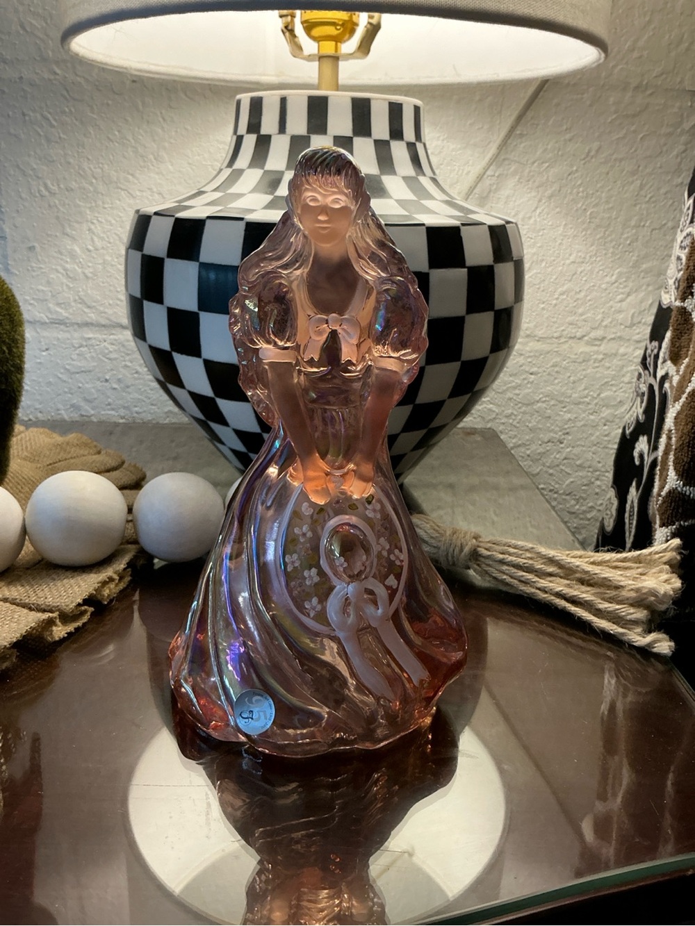 Fenton Iridescent Pink Glass girl bell
